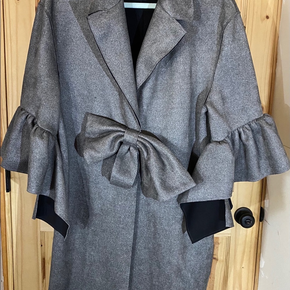 Grey Suede-Like Coat w/ Bow & Ruffled Sleeves